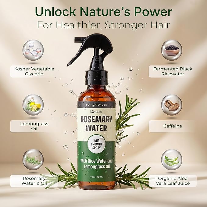 IQNATURAL Rosemary Water Spray for Hair Growth - Made in the USA - Rosemary Spray for Hair, Root Enhancer - Strengthen, Moisturize, Thicken, Repair - Rosemary Hair Spray - 4oz