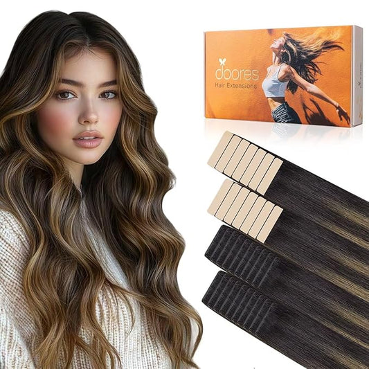DOORES Seamless Tape in Human Hair Extensions Invisi Edge, Dark Brown to Chestnut Brown 20 Injection Tape-ins with 20 Classic Tape-ins 100g 16 Inch, Injected Tape in Extensions