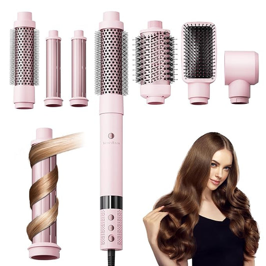6 in 1 Air Wrap Hair Styler - Hair Dryer Brush Set, Powerful Multi-Styler Blow Dryer Brush with Auto-Wrap Curlers, thermal Brushes for Drying/Curling/Straightening, Hair Styling Tools for Travel, Pink