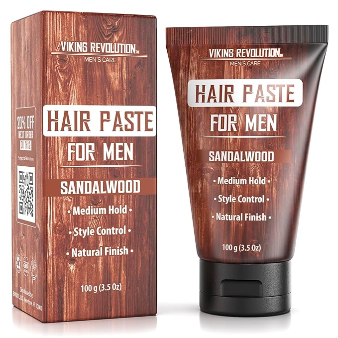 Viking Revolution Hair Paste for Men - Sandalwood Scented Texture Paste - Medium Hold, Natural Finish - Matte Look, Easy Wash Out, Non-Greasy Styling Cream for All Day Control (3.5oz)