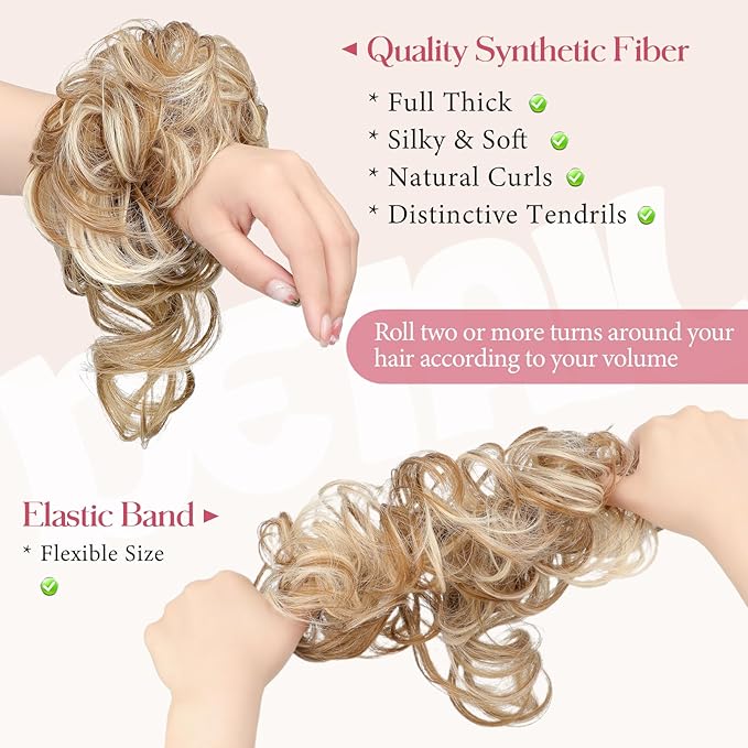 2PCS Messy Bun Hair Piece Tousled Updo with Tendrils Wavy Curly Hair Bun Scrunchies Ponytail Extension Elastic Band Hairpieces For Women (Ginger Brown Mix Bleach Blonde)