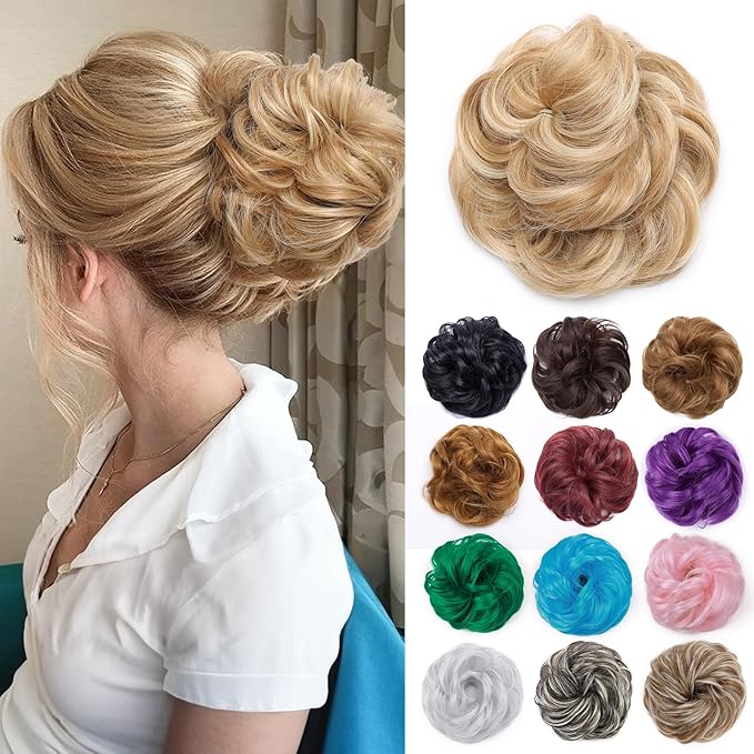 Benehair Hair Bun Hairpiece Scrunchy Updo Hair Pieces Fluffy Scrunchies Donut Hairpiece Synthetic Curly Wavy Messy Chignons With Elastic Rubber Band golden Blonde & Bleach Blonde-Thicker 1pc 35g