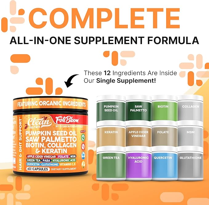 Clean Nutra Pumpkin Seed Oil Capsules + Saw Palmetto Biotin Collagen Keratin MSM Folate Hyaluronic Acid Supplements B12 Zinc Hair Supplement for Women Men Iodine 5-MTHF B-12 Vitamin B9-60 Pills
