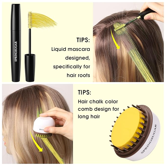 Yellow Temporary Hair Chalk Color Comb + Washable Hair Mascara Dye for Girls Kids, Makeup Vibrant Dye Hair Colors for Halloween, Cosplay, Sporting Events, DIY Hair Parties Christmas
