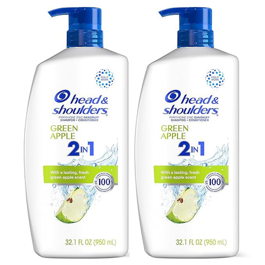 Head & Shoulders Anti-Dandruff Shampoo and Conditioner, Green Apple 2-in-1 Twin Pack, 1% Pyrithione Zinc, Flake Control, Green Apple Scent, Clean Scalp, 32.1 fl oz Each
