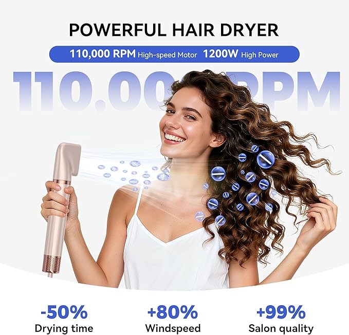 6-in-1 Hair Dryer Brush, 110,000 RPM High-Speed Hair Dryer Fast Drying,Upgraded Air Styler with Auto Wrap Curlers,Blow Dryer Brush for Straightening, Smoothing,Volumizing, No Heat Damage
