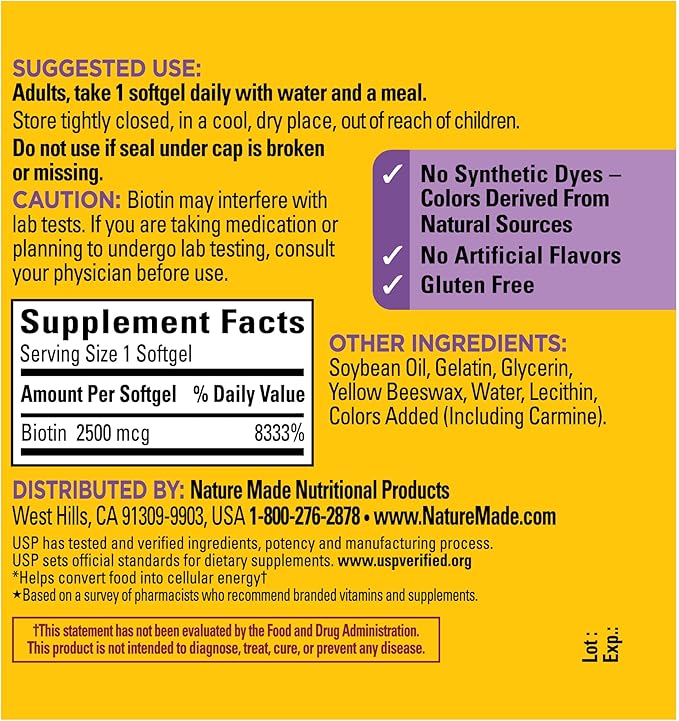 Nature Made Extra Strength Biotin 2500 mcg, Dietary Supplement For Healthy Hair, Skin & Nail Support, 150 Softgels, 150 Day Supply