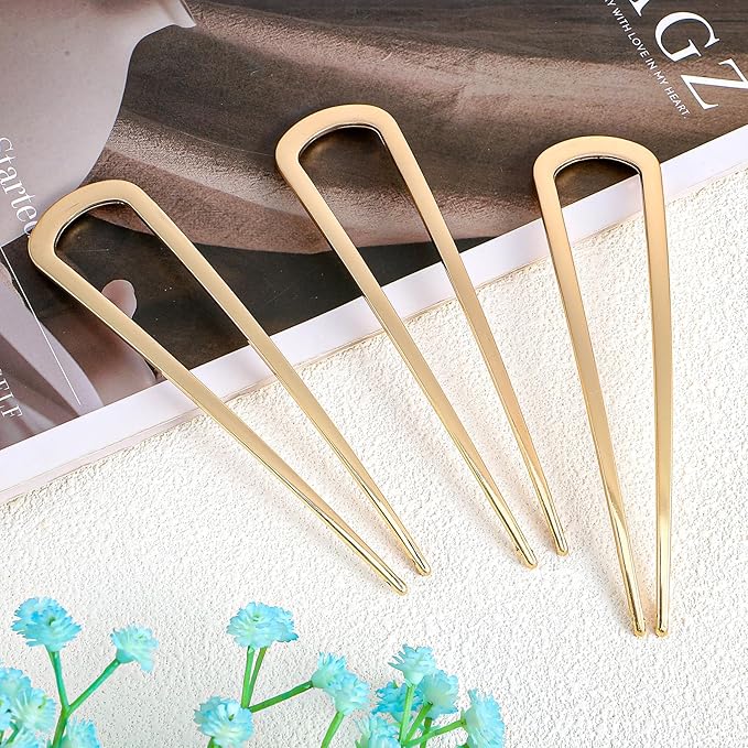 3 Pcs French Hair Pins for Women, U Shaped Hairs Pins, Metal Gold Hairs Accessories, for French Twists, Buns and Updos with No Hair Damage Comfortable Keeps in Place (Gold)