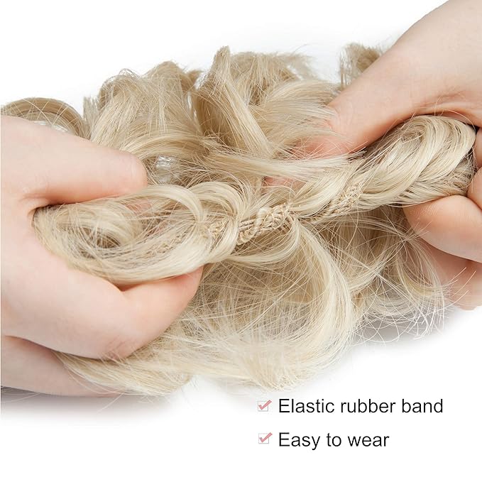 Benehair Messy Bun Hair Pieces Scrunchy Updo Fluffy Scrunchies Donut Top Knot Hairpiece Synthetic Curly Wavy Messy Chignons with Elastic Rubber Band Ash Blonde mix Bleach Blonde-Thicker 2pcs 70g