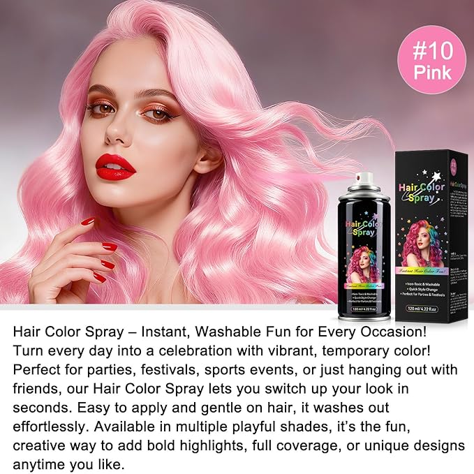 Temporary Hair Spray Color for Kids Women - One-Time Use Green Hair Spray, Vegan and Cruelty-Free Semi-Permanent Hair Color Dye (120ML,Pink)