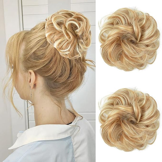 2PCS Messy Bun Hair Piece Extensions - Heat Resistant Synthetic Curly Hairpieces Elastic Scrunchie for Women Updo Ponytail Buns -Wavy Fake Wig Hairpiece for Daily, Party, Wedding(Golden Blonde)