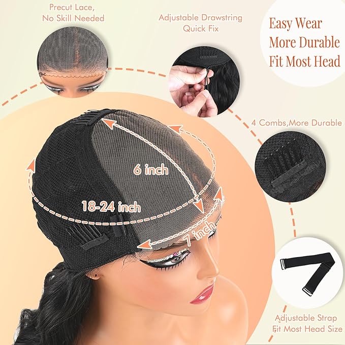 250% Density Glueless Wigs Human Hair Pre Plucked Pre Cut 7x6 HD Lace Closure Wigs Human Hair Body Wave Lace Front Wigs Human Hair for Women Drawstring Glueless Wigs for Beginners 20 inch