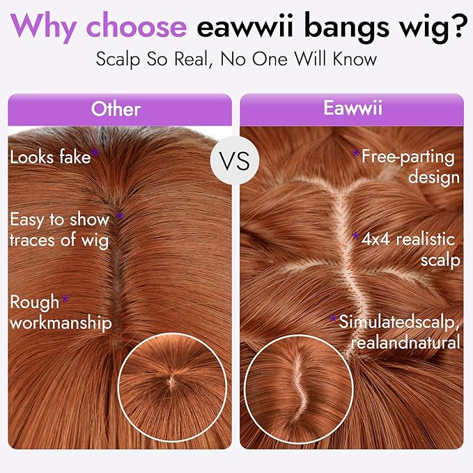 Long Ginger Wig with Bangs for Women,4x4 Realistic Scalp, Free Parting,Layered Hairstyle Synthetic Heat Resistant for Daily Party Use 26 inch