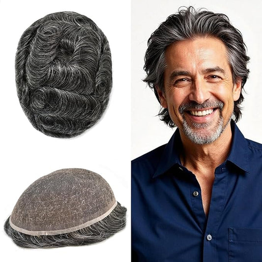 Toupee For Men Real Human Hair System Full Swiss Lace Mens Toupee Lace Hair Piece For Men Hair System Bleached Knots 6x9 Mmedium light density #1B40 1B# OFF BLACK+40% GREY