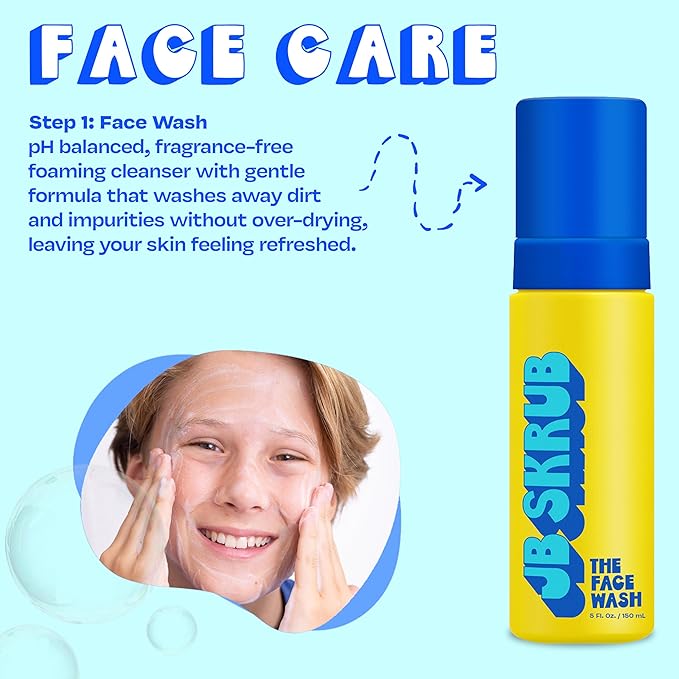JB SKRUB The Face Duo Set – Gentle Foaming Face Wash (5 fl. oz) & Exfoliating Acne Pads (40 Count) for Kids, Tweens & Teens – Fragrance-Free Cleanser & Alcohol-Free Toner Pads for Clear, Smooth Skin