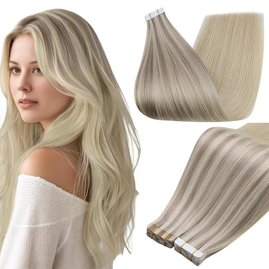 Full Shine Blonde Tape in Hair Extensions Color 18/22/60 Tape ins Extensions Human Hair 22 Inch Long Hair Extensions Real Human Hair Tape ins Seamless Human Hair Double Sided Tapes 50Gram 20Pcs
