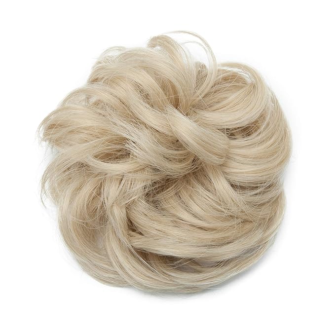 Benehair Messy Bun Hair Pieces Scrunchy Updo Fluffy Scrunchies Donut Top Knot Hairpiece Synthetic Curly Wavy Messy Chignons with Elastic Rubber Band Ash Blonde mix Bleach Blonde-Thicker 1pc 35g