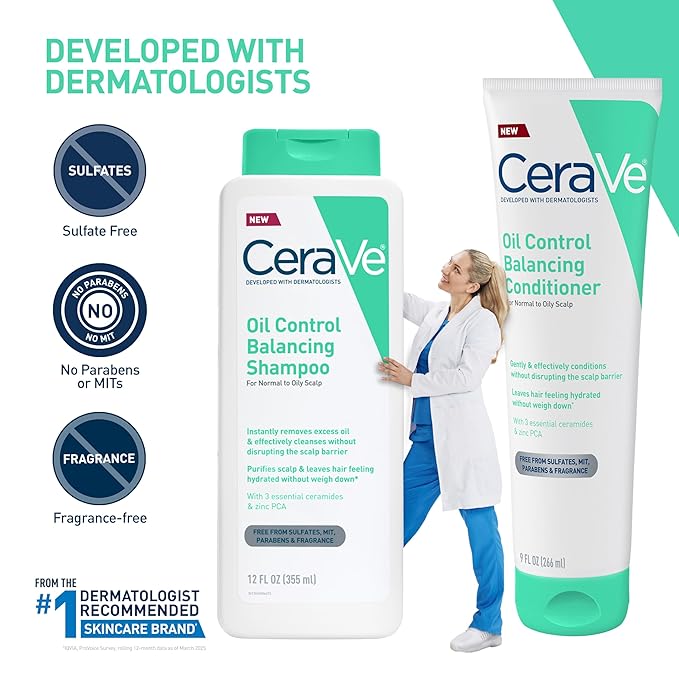 CeraVe Oil Control Balancing Conditioner, Hair Conditioner With Ceramides & Hyaluronic Acid, Removes Oil and Leaves Hair Feeling Hydrated, For All Hair & Scalp Types, Sulfate Free & Color Safe, 9 oz