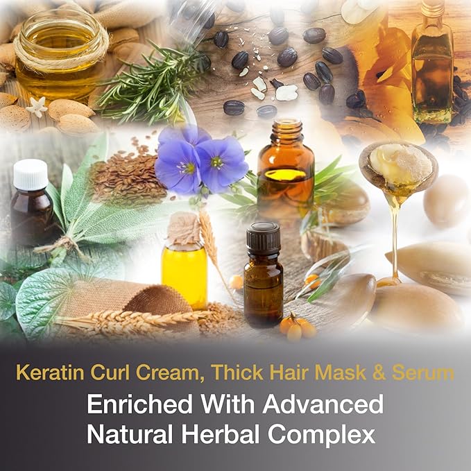 VITAMINS hair cosmetics Keratin Thick Hair Leave-In Conditioner, Thick Hair Mask & Hair Serum Kit - No Rinse Moisturizing Curl Cream, Repair for Dry Damaged Thick Coarse Hair & Anti Frizz Gloss Boost