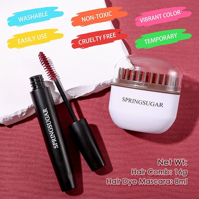 Red Temporary Hair Chalk Color Comb + Washable Hair Mascara Dye for Girls Kids, Makeup Vibrant Dye Hair Colors for Halloween, Cosplay, Sporting Events, DIY Hair Parties Christmas