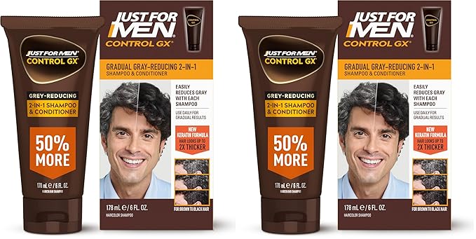 Just for Men Control GX Grey Reducing 2-in-1 Shampoo and Conditioner, Gradual Hair Color with Keratin for Stronger Thicker and Healthier Looking Hair, 6 Fl Oz - Pack of 2