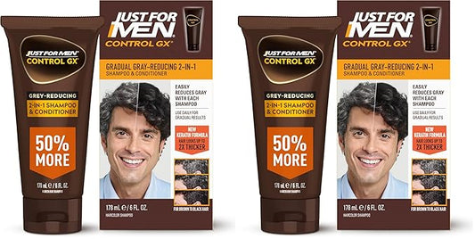 Just for Men Control GX Grey Reducing 2-in-1 Shampoo and Conditioner, Gradual Hair Color with Keratin for Stronger Thicker and Healthier Looking Hair, 6 Fl Oz - Pack of 2