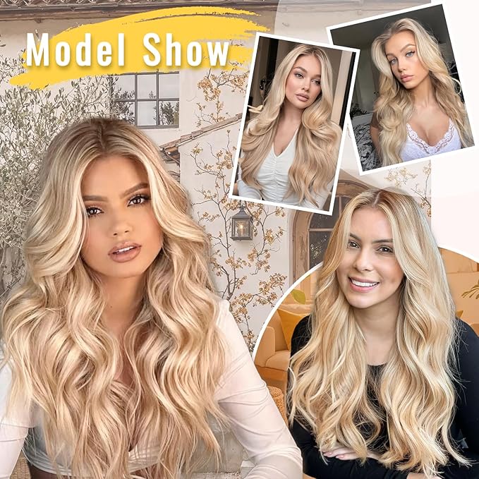 Vigorous Clip in Hair Extensions 20Inch Beach Blonde Highlights Hair Extension Clip Ins 4Pcs Long Wavy Soft Synthetic Hairpieces for Women Girls Daily Use Event Party Use