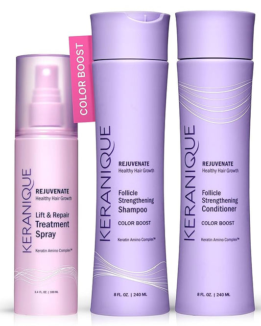 Keranique Color Treated Shampoo and Conditioner Set with Hair Thickening Spray - Keratin Enriched Color Boost Set w/Shampoo & Conditioner and Lift & Repair Spray for Women w/Fine, Thin, Colored Hair