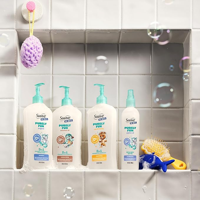 Suave Kids Purely Fun 2 in 1 Shampoo and Conditioner with Oat & Honey, Tear-Free, Hypoallergenic, Gentle Hair Care for Kids with Sensitive Scalps, 6 Count, 18 FL OZ