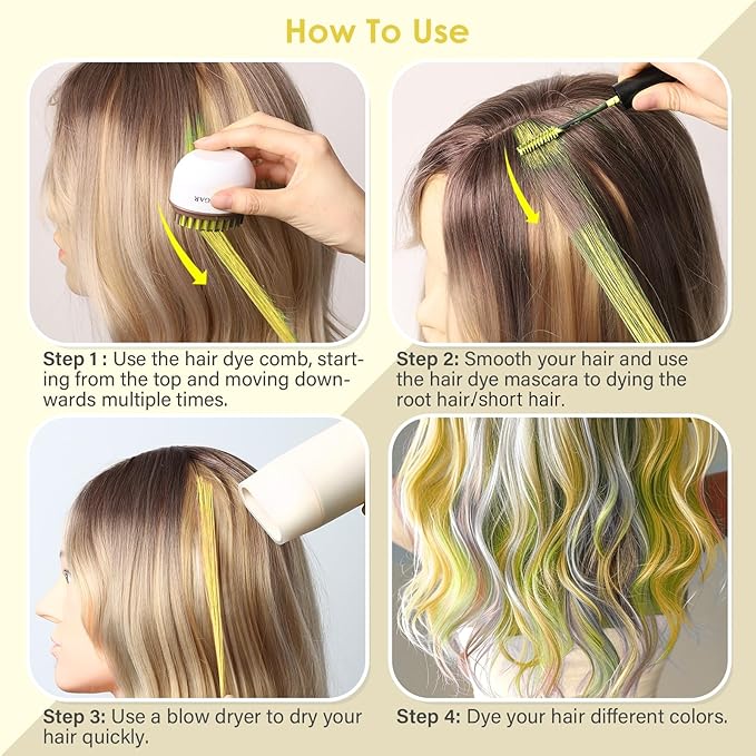 Yellow Temporary Hair Chalk Color Comb + Washable Hair Mascara Dye for Girls Kids, Makeup Vibrant Dye Hair Colors for Halloween, Cosplay, Sporting Events, DIY Hair Parties Christmas