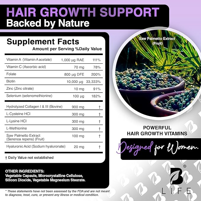 Hair Vitamins for Hair Loss for Women – Biotin 10000 mcg – Hair Growth Treatments for Women – Healthy Hair Skin and Nails – Collagen Promotes Hair Strength and Health - 120 Capsules – 30 Servings