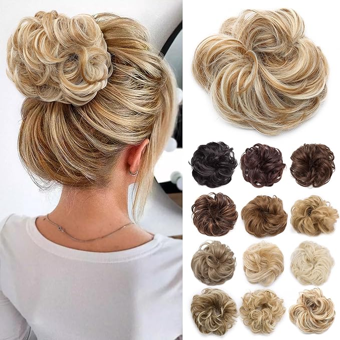 Benehair Messy Bun Hair Piece Scrunchy Updo Hair Pieces for Women Fluffy Wavy Hair Bun Scrunchies Donut Hairpiece Synthetic Chignons With Elastic Rubber Band Light Ash Brown & Bleach Blonde 2pcs 50g