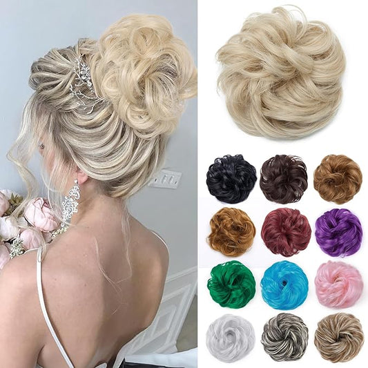 Benehair Messy Bun Hair Pieces Scrunchy Updo Fluffy Scrunchies Donut Top Knot Hairpiece Synthetic Curly Wavy Messy Chignons with Elastic Rubber Band Ash Blonde mix Bleach Blonde-Thicker 2pcs 70g