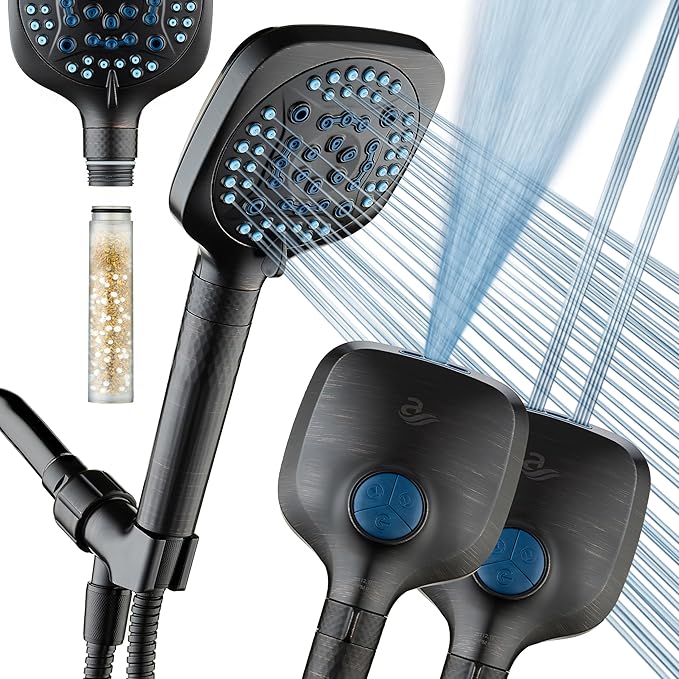 AquaCare 4X High Pressure 10 Spray Mode Filtered Showerhead - Handheld Shower Head Filters Chlorine to Heal Dry Skin, Revive Hair - Dual Power Wash Cleans Tub, Tile, Pets - Hard Water Softener, ORB