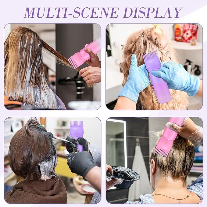 Pimoys 2 Pack Root Comb Applicator Bottle 6 Ounce Oil Applicator for Hair Dye Hair Oiling Bottle Applicator Brush with Graduated Scale, Gradient Color