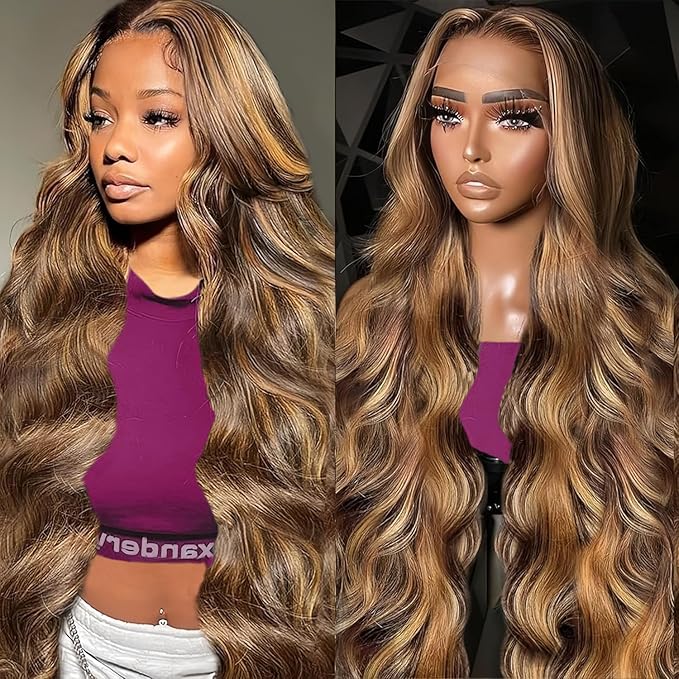 13x6 Ombre HD Lace Front Wigs Human Hair Highlight Wig 220 Density Body Wave Wig Pre Plucked Honey Blonde Lace Front Wig P4/27 Colored for Women Human Hair Wig 24 Inch
