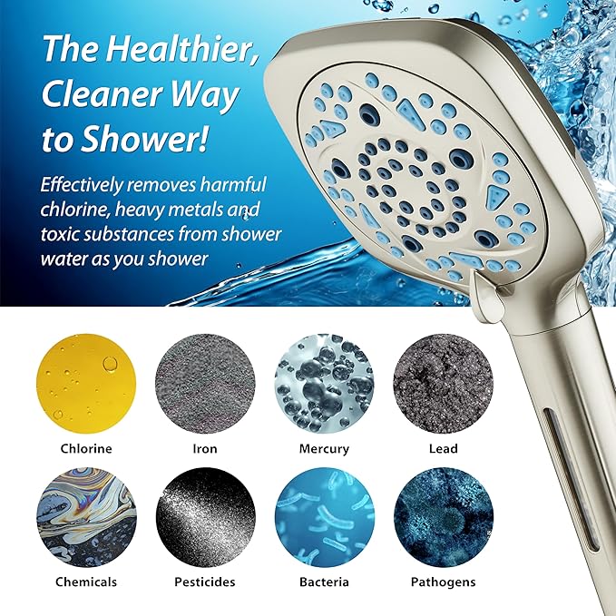 AquaCare High Pressure 10 Spray Mode Filtered Showerhead - Handheld Shower Head Filters Chlorine to Heal Dry Skin, Revive Hair - Dual Power Wash Cleans Tub, Tile, Pets - Hard Water Softener, Nickel