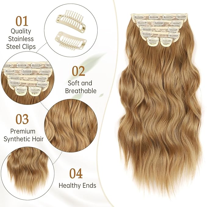 Vigorous Clip in Hair Extensions 20Inch Biscuit Brown Hair Extension 6Pcs Long Wavy Soft Synthetic Hairpieces for Women