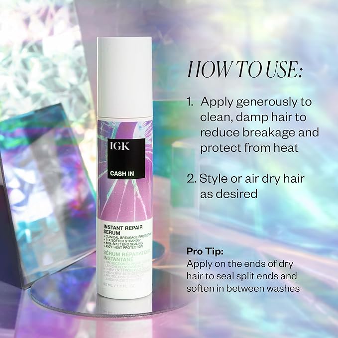 IGK CASH IN Instant Repair Serum | Breakage Protection + Seal Split Ends + Heat Protection | Vegan + Cruelty Free| 1.7 Oz