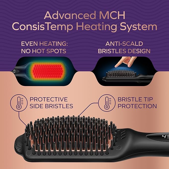 Professional Dual Voltage Hair Straightener Brush, Hair Straightening Brush w/Ions for Healthy, Anti Frizz, Flat Iron Comb w/ 16 Temps, Fast Heating, Styling Hot Dryer for Women