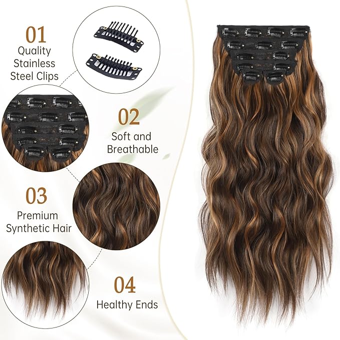 Vigorous Clip in Hair Extensions 20Inch Hair Extensions Clip Ins 6Pcs Long Wavy Synthetic Hairpieces for Women (Caraamel Brown & Dark Roasted Coffee)
