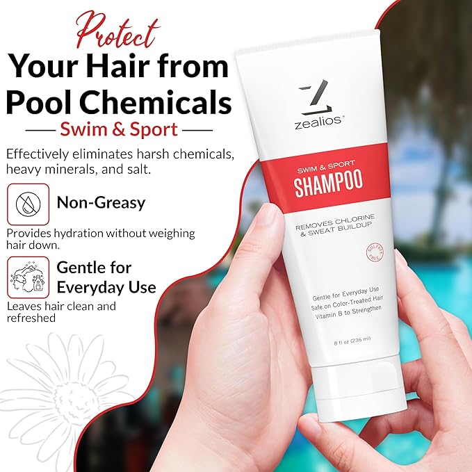 Zealios Swim & Sport Clarifying Shampoo, 8 oz Squeeze Tube for Extremely Damaged Hair, Pool Hair Repair & Protector - Sulfate-Free, Moisturizing Chlorine & Salt Removal, Color-Safe, Citrus Scent