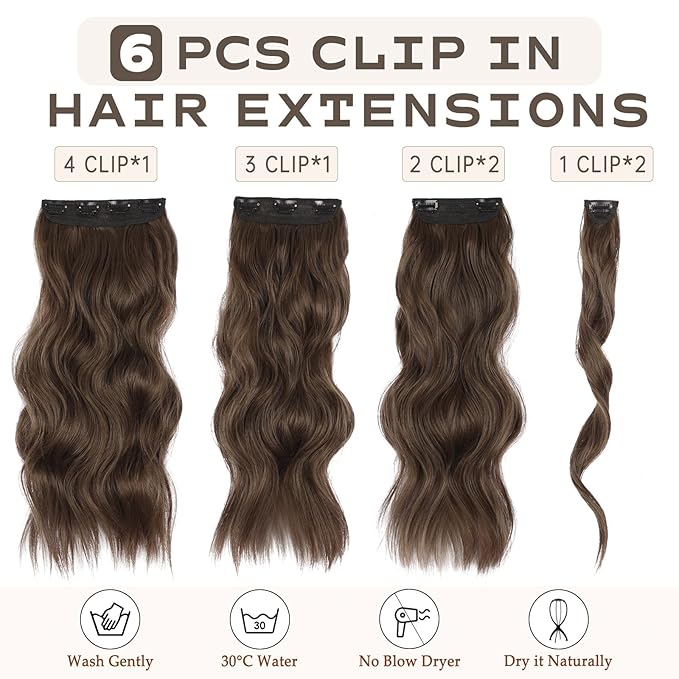 Vigorous Clip in Hair Extensions 20Inch Medium Brown Hair Extension 6Pcs Long Wavy Soft Synthetic Hairpieces for Women