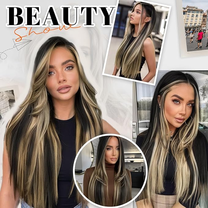 Vigorous Clip in Hair Extensions 22 Inch Black mix Blonde Hair Extension Clip Ins 4PCS Soft Synthetic Straight Hairpieces for Women