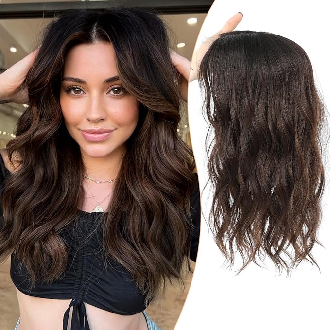 PANEWAY Hair Topper 16 Inch Synthetic Wavy Hair Piece for Women, Clip in Top Hair Extensions, Natural Black Root to Chocolate Brown Ombre Wiglet for Volume & Coverage