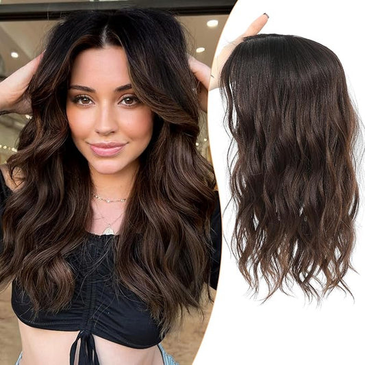 PANEWAY Hair Topper 16 Inch Synthetic Wavy Hair Piece for Women, Clip in Top Hair Extensions, Natural Black Root to Chocolate Brown Ombre Wiglet for Volume & Coverage