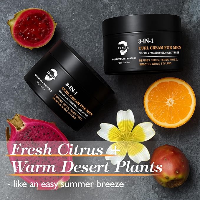 3-in-1 Curl Cream for Men - Defines Curls, Tames Frizz, Adds Smoothness and Texture for Curly and Wavy Hair, Hair Styling Cream with Desert Derived Extracts, Sulfate - Free 3.38 oz