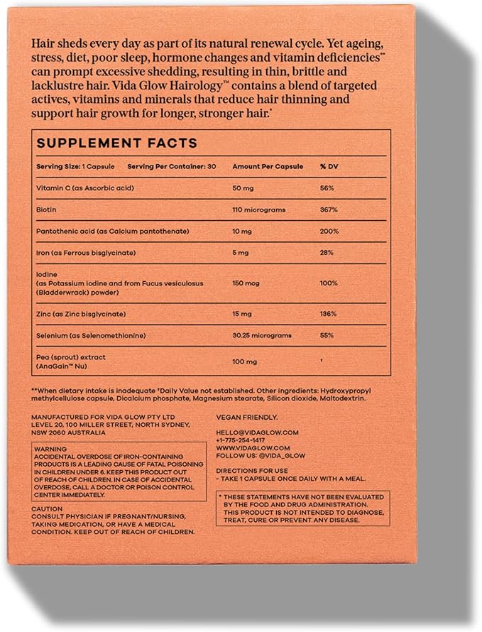 Vida Glow Hairology Hair Growth & Regrowth Capsules – Supports Thicker, Stronger Hair, Reduces Thinning & Loss with Biotin, 30 Vegan Capsules for Healthy Hair in Women