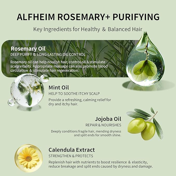 Alfheim Rosemary+ Purifying Hair Care Gift Set | Shampoo, Conditioner, Hair Mask, Leave-in Conditioner & Hair Oil | Scalp & Hair Purifying, Hydrating & Volumizing | Holiday Gift for Women & Men