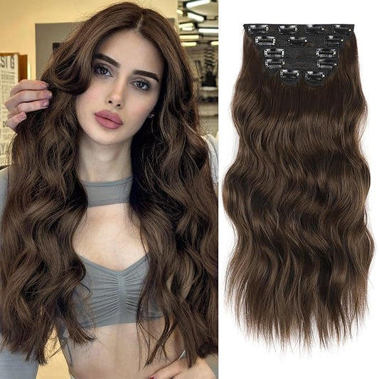 Vigorous Clip in Hair Extensions 20Inch Medium Brown Hair Extension 6Pcs Long Wavy Soft Synthetic Hairpieces for Women